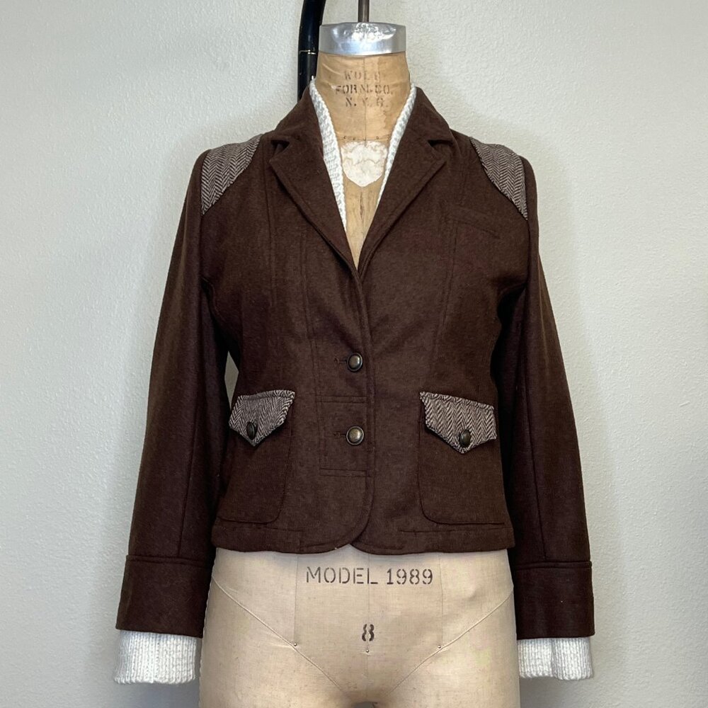 NWT Wool Blend Tweed Elbow Patch Knit Collar Jacket - Picture 2 of 6